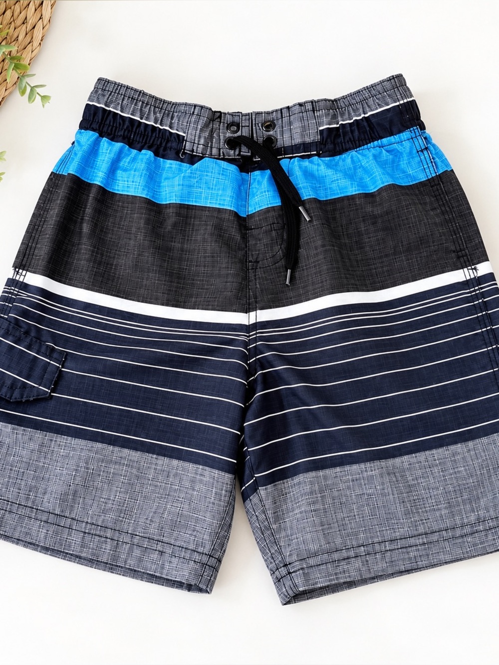 Kanu Surf Boys Swim Trunks Board Shorts Blue Gray Striped Size M 5/6
